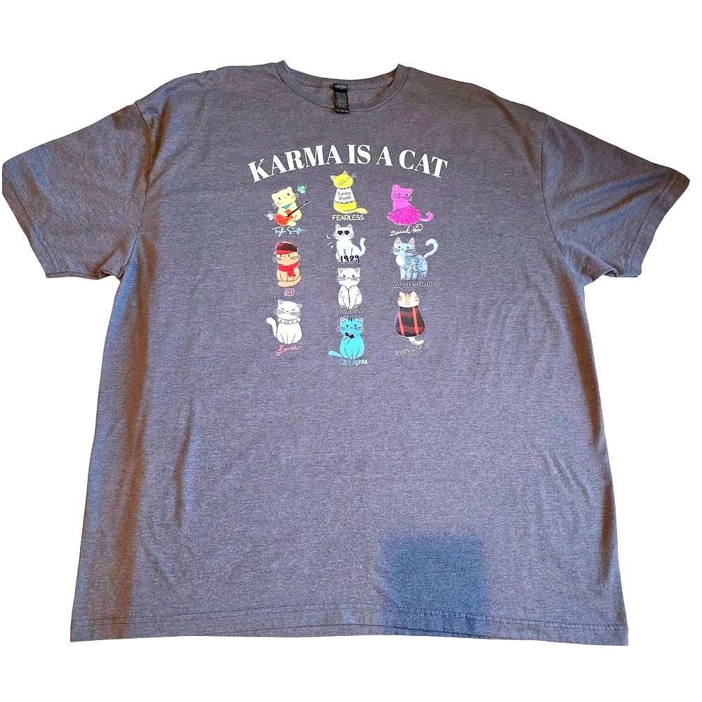 Taylor Swift Karma Is A Cat Graphic T Shirt 2XL Gray Eras Tour Fan Tee Cats